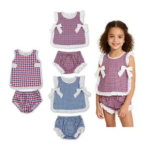 Summervibes Toddler Baby Girl Gingham 2-Piece Outfit | Sleeveless Ruffle Top + Bloomer Shorts Set | 4th of July/Patriotic Summer Clothes