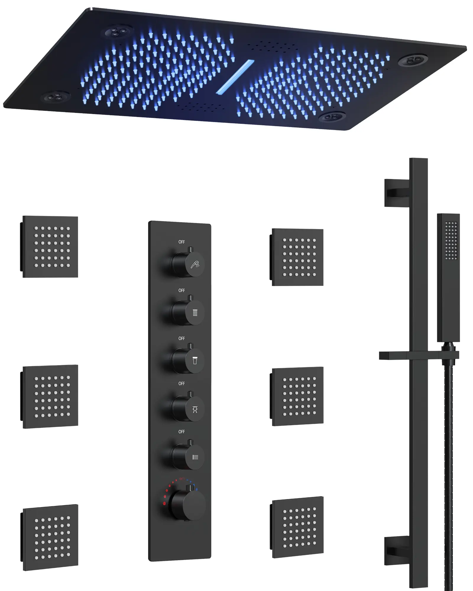 27.56" L x 15.75" W Ceiling Mount 2.5 GPM Complete Shower System with LED and Bluetooth Music | Smart Temp Flow | 31 Spray patterns | Revitalize with Body Jets | Quiet Operation | Precision Temperature Control