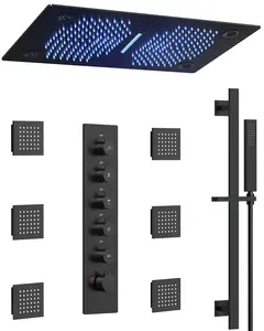 27.56" L x 15.75" W Ceiling Mount 2.5 GPM Complete Shower System with LED and Bluetooth Music | Smart Temp Flow | 31 Spray patterns | Revitalize with Body Jets | Quiet Operation | Precision Temperature Control
