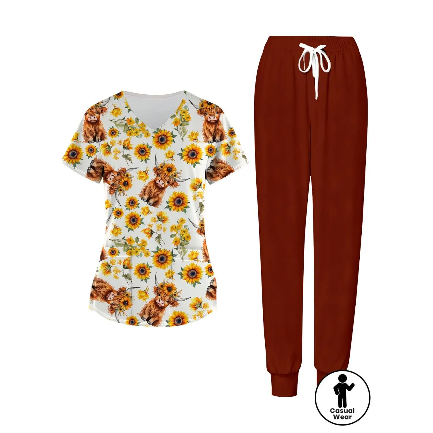 Sunflower and Dog Print Women's Nurse Uniform Set - V-Neck Scrubs Top and Pants with Pockets, Casual Workwear for Valentine, Carnival, St. Patrick's Day - Comfortable, Breathable, Lightweight, Soft Stretch, Easy Care Fabric.