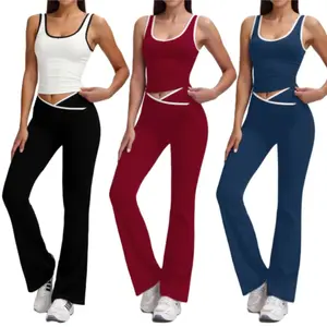 Women's Yoga Outfit Breathable Color-Block U-Neck Tank & Flared Leggings Set Comfortable Stretchy Sportswear for Gym Sporty Style Clothes Sweat Suits