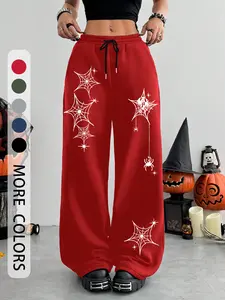 Women's Halloween Spider Web & Star Print Gothic Wide Leg Pants, Comfortable Casual Fashion, All Season Wear, Stylish Daily