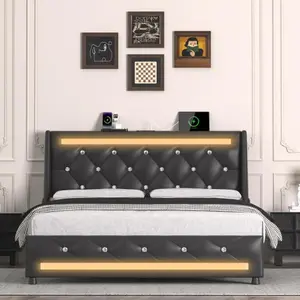Bellemave Full/Queen Bed Frame with Headboard, Upholstered Platform Bed with Charging Station & LED Lights, Wooden Slats Support, No Box Spring Needed, Noise Free, Luxury Comfort