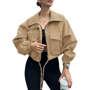 BIGWIG Women's Short Zip-Up Jacket, Lightweight, Loose, and Practical Trench Coat with Pockets, Short Top, Loose Outerwear, Suitable for Spring and Autumn, Solid Color Short Jacket, Zip-Up Trench Coat