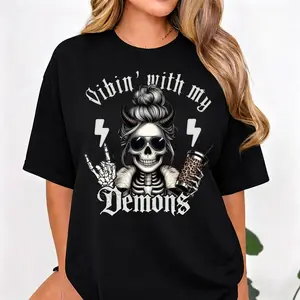 Women's Spiky Skeleton Graphic T-Shirt - "With My Demons" Black Humor, Sarcastic Proverbs, Gothic Demon Theme, Basic Short-Sleeve, Casual Round Neck, Smooth Solid Fabric, Seamless Streetwear Top