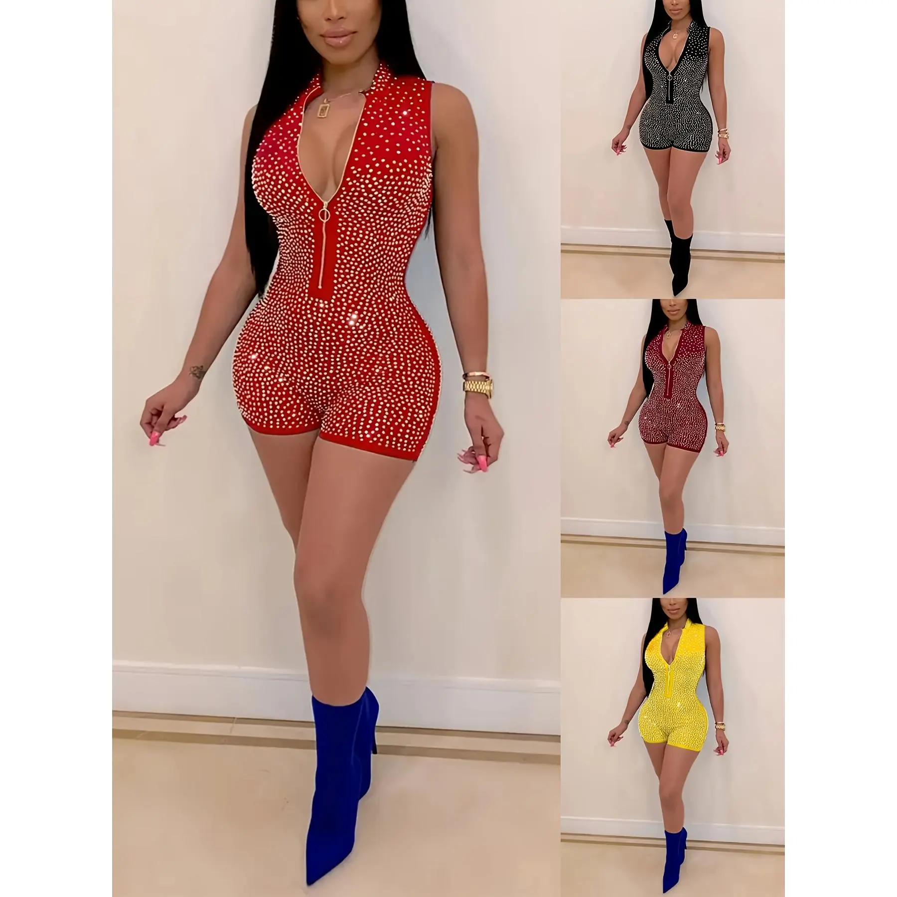 Casual Rhinestone-Embellished Sleeveless Jumpsuit for Women - Perfect for Nightclubs