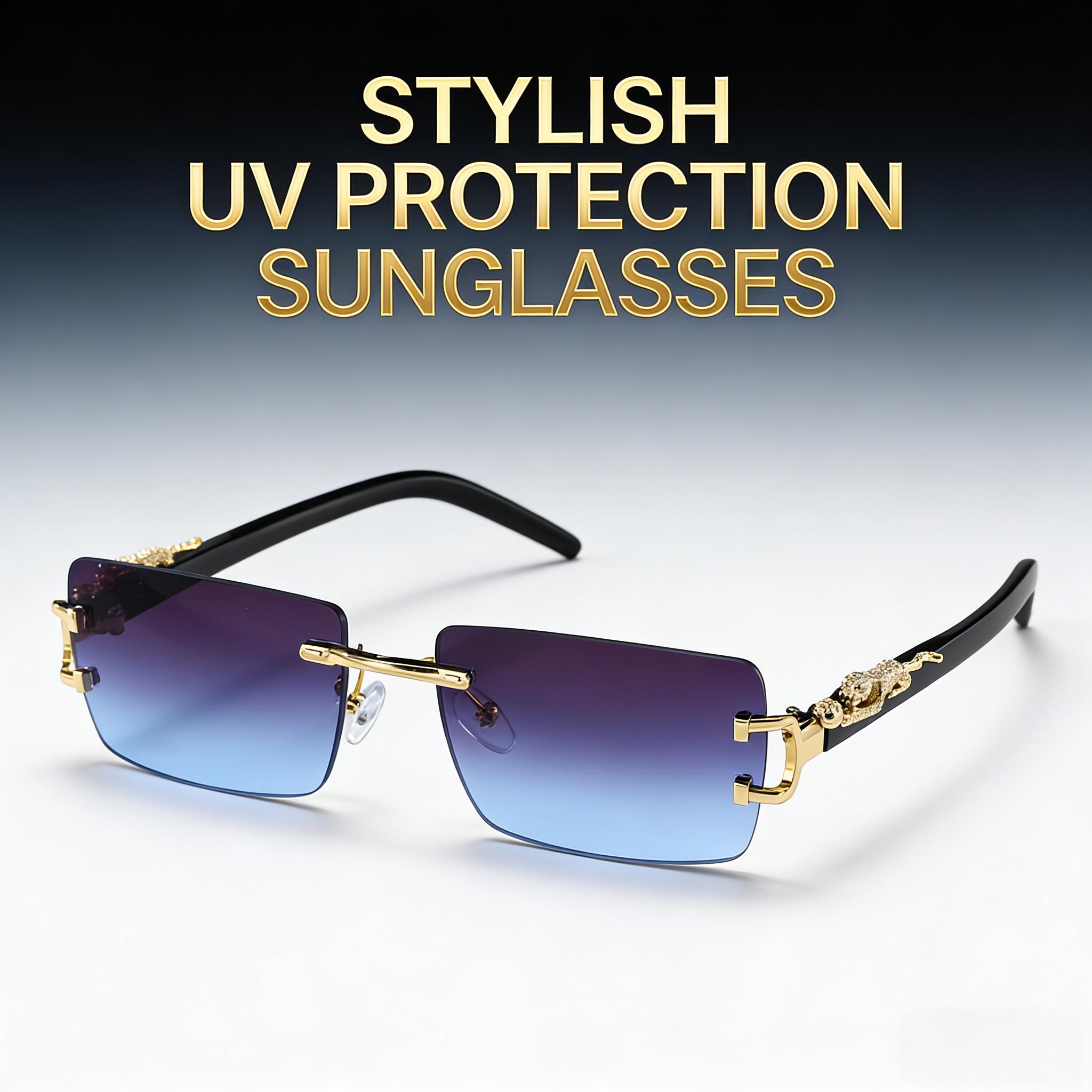 2pcsRimless Gradient Sunglasses | Y2K Streetwear Leopard Detail UV400 Shades | Luxury Gold Accent Retro Sunnies for Summer Beach, Driving & Festival