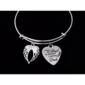 I Have An Angel In Heaven I Call Him Dad Expandable Charm Bracelet - Silver Adjustable Bangle, One Size Fits All, Gift for Father and Fatherhood