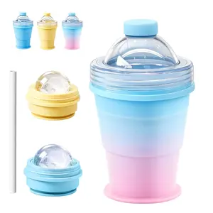 2-in-1 Iced Coffee Cup with Ice Mold Collapsible Ice Ball Maker Cup with Straw & Leakproof Lid, Portable Silicone Ice Sphere Mold Tumbler, Large Round Whiskey Ice Ball Maker, Reusable Travel Ice Cup for Iced Coffee, Cocktails & Cold Drinks Mug Drinkware