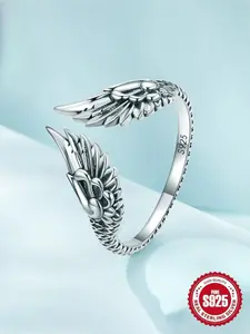 925 Sterling Silver Simple Retro Feather Design Cuff Ring, Fashion Jewelry for Party, Daily Clothing Decor, Trendy All-match & Exquisite Jewelry for Birthday Gift