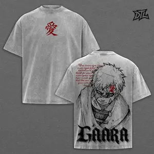 Naruto Gaara Acid Wash T-Shirt | Oversized Heavyweight Anime Tee Kazekage Graphic Print Red Love Kanji Symbol Curse Mark Gothic Font Quote Vintage Goth Grunge Streetwear Clothing Top Unisex