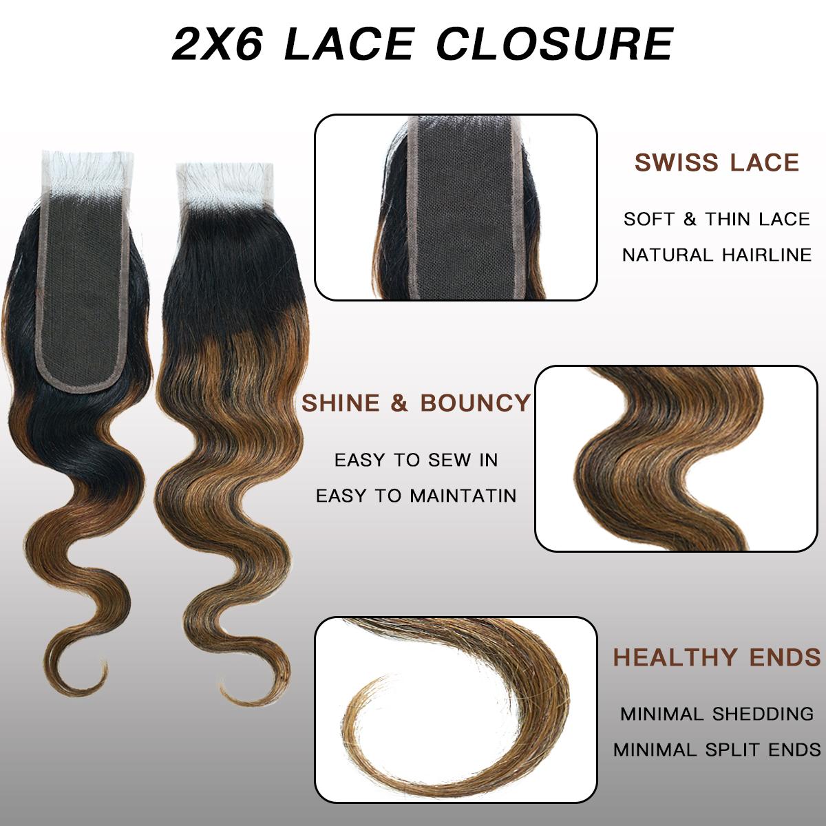 [Wequeen]  Pre-colored #FB30 2"x6" Lace Closure #P4/27 Highlight Upgrade Body Wave Transparent Lace 14-18inch Budget Friendly