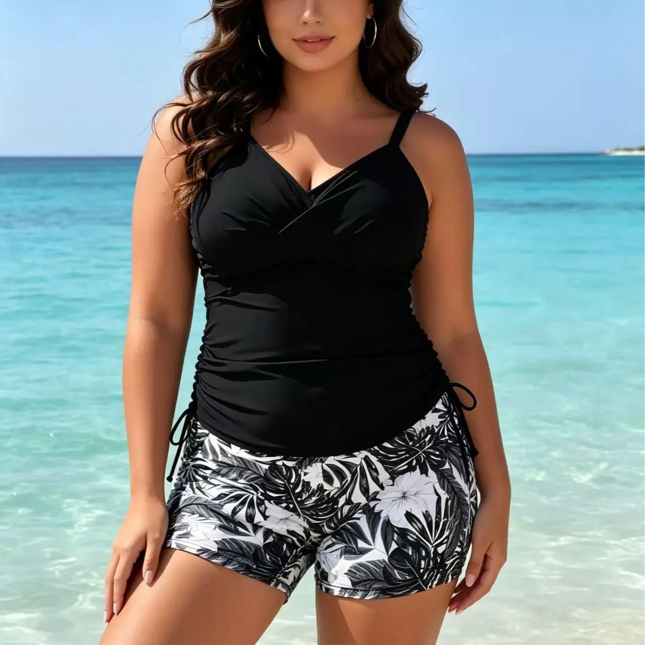 Women's 2026 New Plus Size 2-Piece Tankini Set - Solid Black Wrap V-Neck Top with Side Pull String, Gathered Waist, Black White Monochrome Palm Leaf Print Bottom, Casual Seaside Swimming Costume