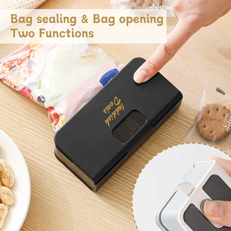 Product Introduction of Portable sealing machine, suitable for sealing of snacks, coffee and pet food packaging, bag cutter, rechargeable, compact food storage sealing device 9