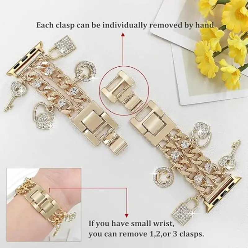 Cuban Chain Band Compatible with Apple Watch Bands 38/40/41/42/44/45 46 49mm Women,Bling Diamond Chain Dressy Metal Wristband Cute Charms Pendants for iWatch Series 10 9 8 7 6 5 4 3 SE Ultra Smart Watch Wearable Accessories Watch Straps