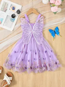 Ready Stock 2-7y Girls' Purple Straps Mesh Dress with 3D Butterfly Design Summer Outings and Birthday Parties 42503094 for girls
