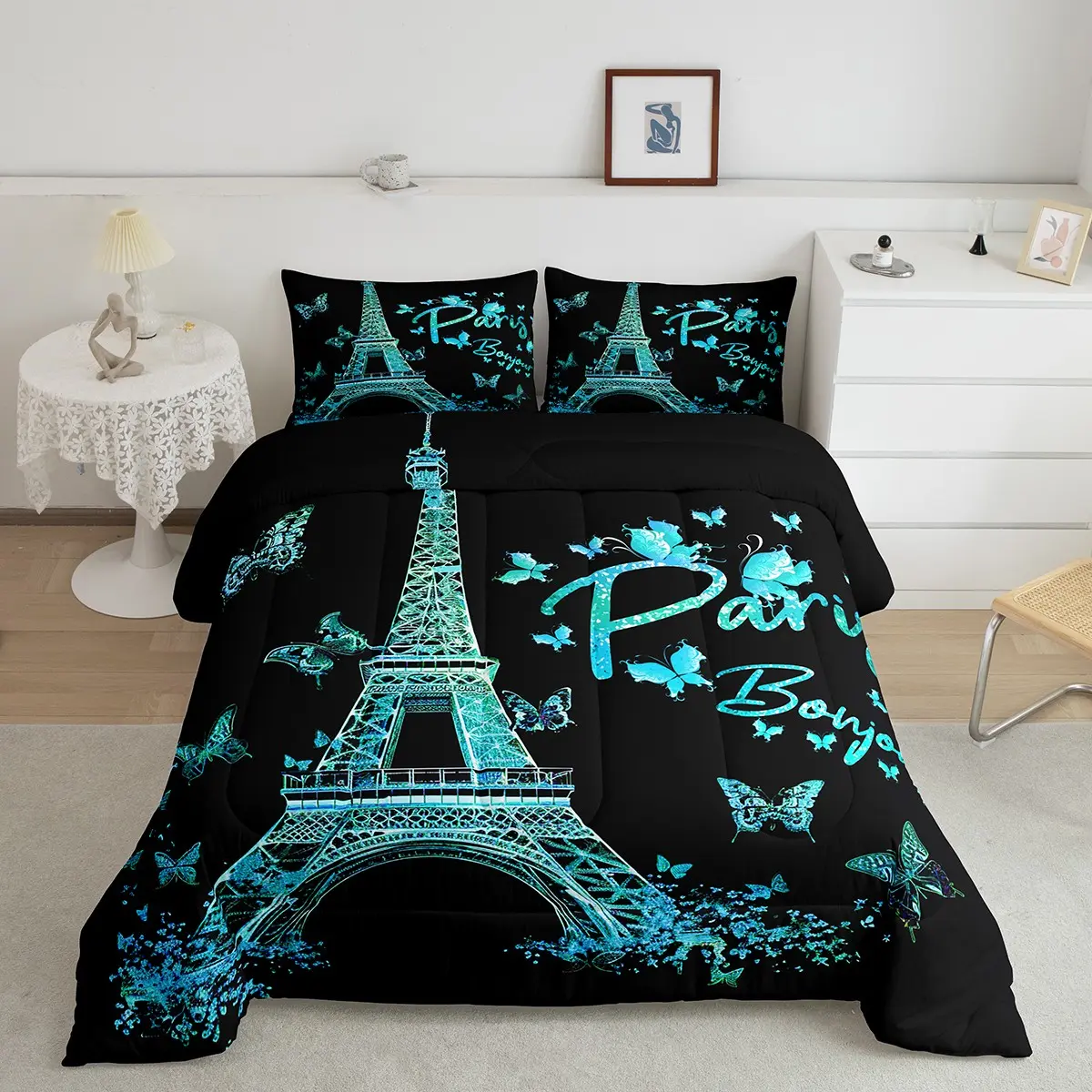 Paris Eiffel Tower Designer Comforter Set,Girly Teal Blue Luxury Bedding Set,Butterfly Comforter,Famous City Scene Decor Quilt, Bedroom Bedding Set, Breathable Duvet Set