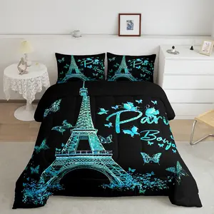 Paris Eiffel Tower Designer Comforter Set,Girly Teal Blue Luxury Bedding Set,Butterfly Comforter,Famous City Scene Decor Quilt