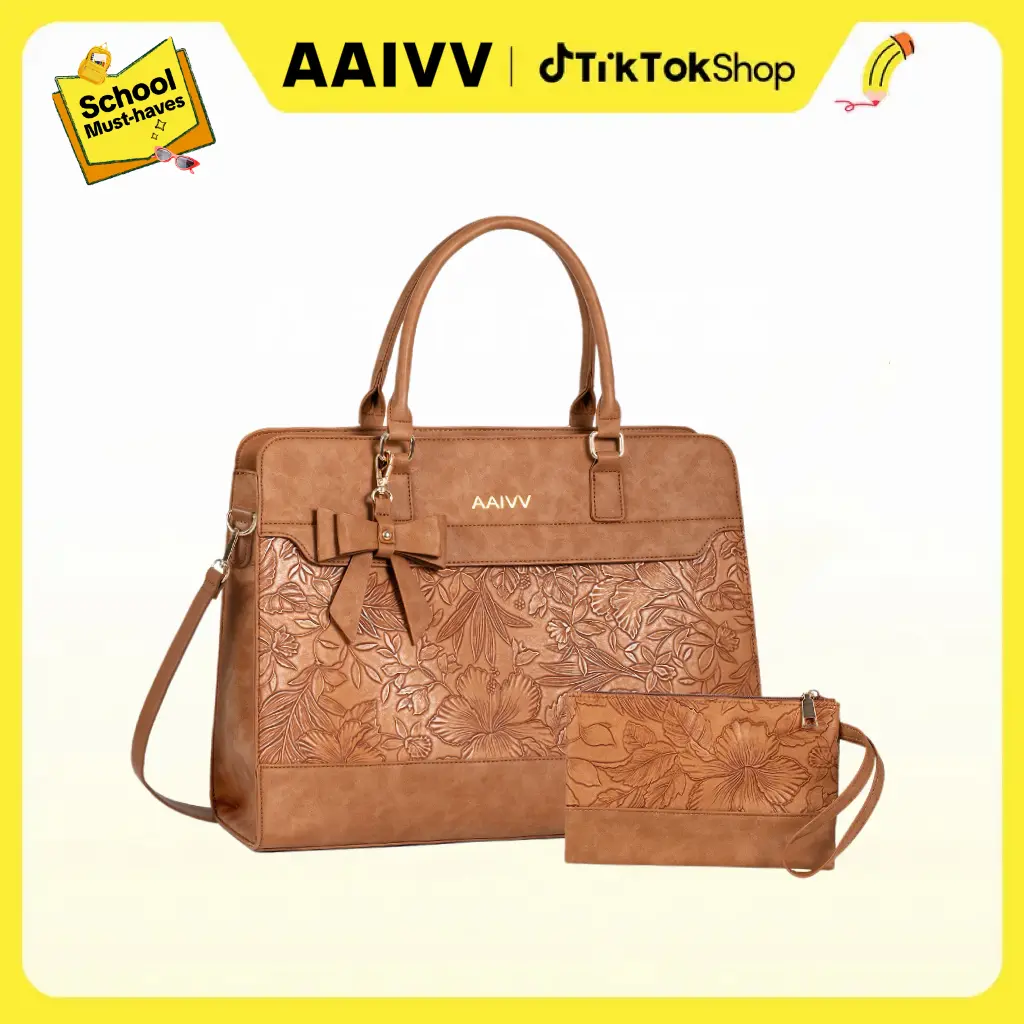 AAIVV Laptop Tote Bag for Women, 2-Piece PU Leather Work Bag Fits 15.6” Laptop, Cup Holder, Matching Wristlet Clutch, Padded Laptop Sleeve, Anti-Theft Pocket, Detachable Strap for Office, Teacher & Travel tiktokshopbacktoschool