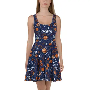 Outta This World Houston Inspired Sleeveless Skater Dress - Navy Orange Space Print, Lightweight Fabric, Elastic Waist, Fit & Flare Skirt, Casual Day Wear
