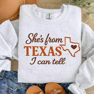 "She's from Texas" Printed Sweatshirt, Hoodie, Shirt – Texas Outline & Heart Design Crewneck