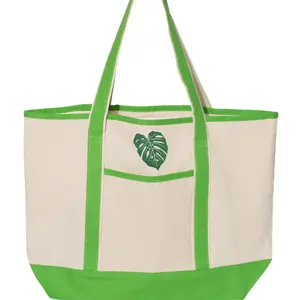 Large Green Boat Tote Canvas Bag with Embroidered Monstera Leaf