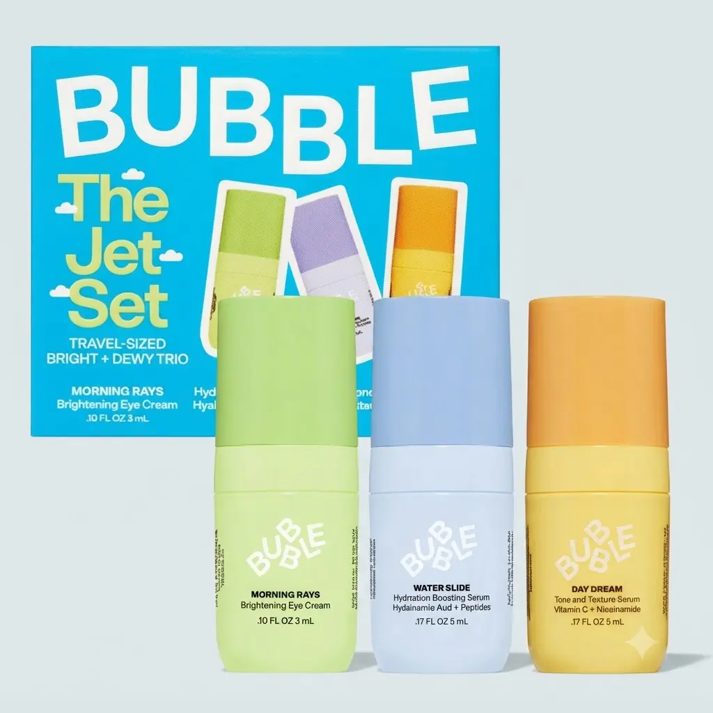 The Bubble Skincare Jet Set Trio packs 3 essential mini serums to hydrate, soothe, and brighten wherever life takes you