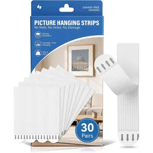 30 Pairs Heavy Duty Picture  Strips - Large Adhesive Wall Hooks for Frames and Posters, -Free No  Picture Hangers, Easy Removal, Refill Mounting Strips for Wall Decor