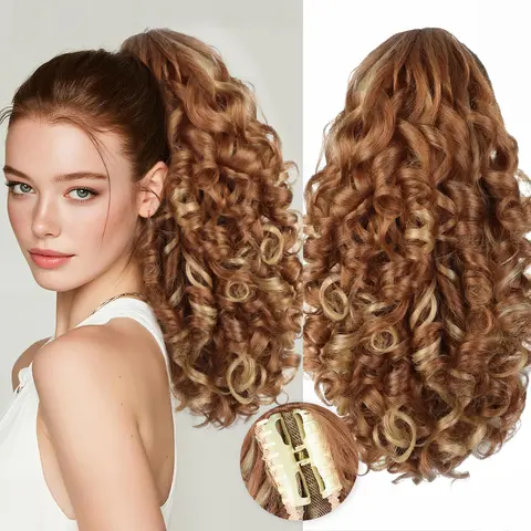WIG QUEEN Curly Synthetic Ponytail Extension, 20in Claw Clip Synthetic Fiber Hairpiece for Adults' Costumes-Cosplay Ponytail Hairstyles - Dark Brown