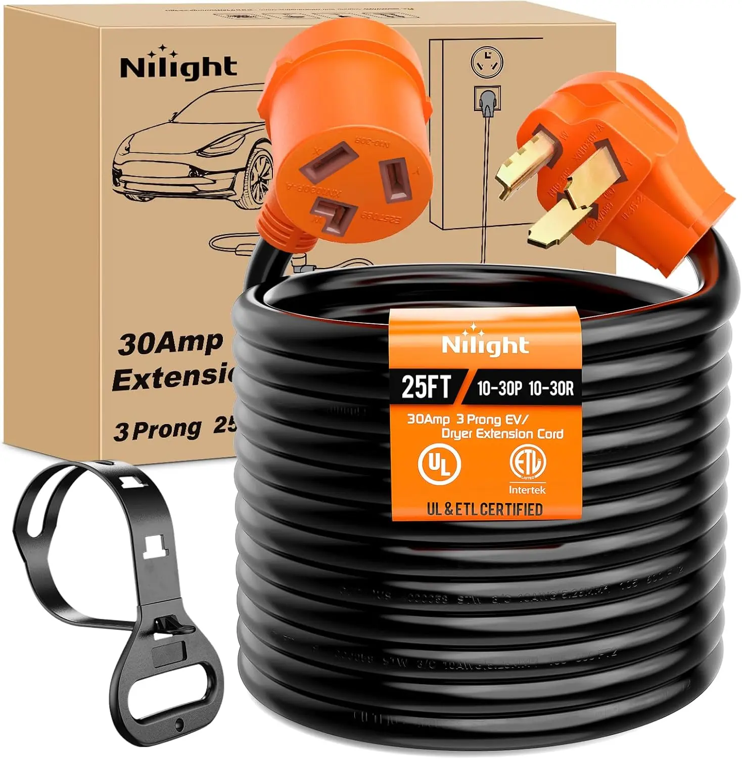 Nilight 25FT 30 Amp EV Dryer Extension Cord 3 Prong 10-30P 10-30R Heavy Duty 10 Gauge Pure Copper Wire UL Certified for Level 2 EV Charging, Home