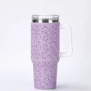 40 oz Purple Pearl Beaded Plastic Tumbler with Handle, Drink-Through Lid, and Straw