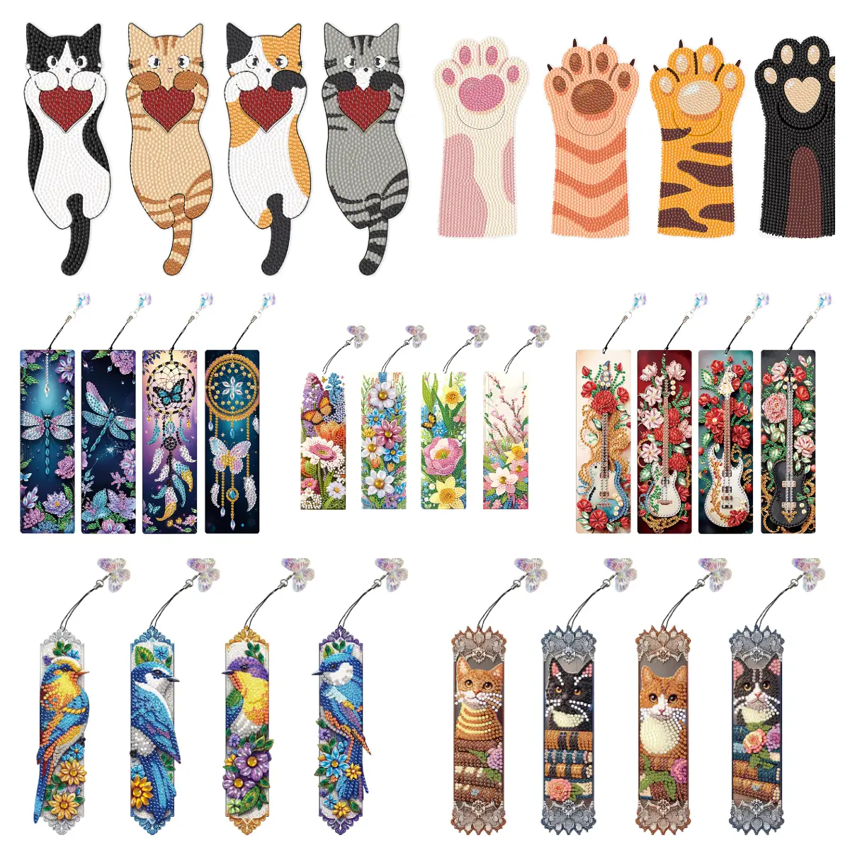 4Pcs Special Shape Diamond Painting Bookmark Making Kit for Book Lovers - Cat/Bird/Flowers