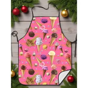 Vintage Ice Cream Print Apron, 100% Polyester Woven Fabric, Slight Stretch, Patterned Cook Restaurant Apron with Adjustable Ties