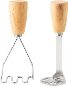 2 Pcs Mini Potato Masher,Stainless Steel Mashed Potatoes Masher with wooden handle, Kitchen gadgets Tool for Potatoes, Beans, Meat, Vegetables,space saver (Mini Duo)