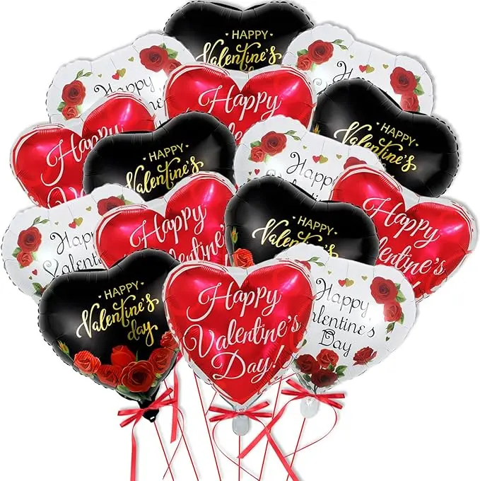Happy Valentines Day Balloons - 15 Pcs Black White Red Heart Balloons for Valentines Day Decorations, 18 Inch Heart Shaped Balloons for Valentines Foil Balloons, Valentines Day Party Decorations