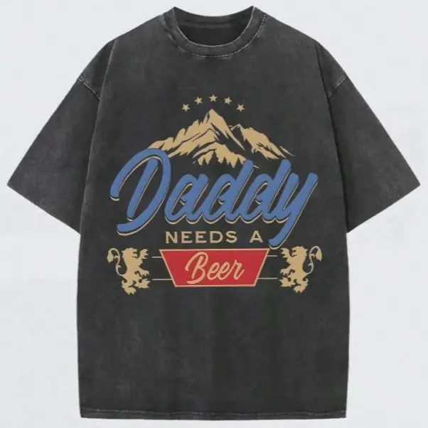 Daddy Needs A Beer Vintage Washed T-Shirt | 230G Heavyweight Cotton | Oversized Boxy Fit Retro Streetwear | Father's Day Gift Idea for Beer Lovers & Outdoor Dads | Acid Wash Charcoal Gray Tee Fabric Casual Cap