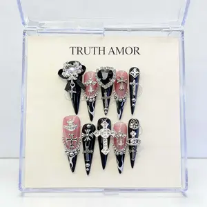 TRUTH AMOR Viral Dark Kawaii Pink-Black Gradient Cross Bear Rhinestone Handmade Press-On Nails | Removable Daily Party Date Gift Nails，nail kit set,nail kit,my nail set,Bedazzled kit