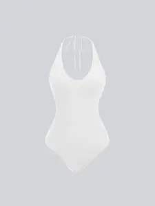 Women's Summer U-Neck Halter Bodysuit: Adjustable Tie-Back Detail & Open Back Design - Solid Color Slim-Fit Cover-Up for Beach Days & Casual Outings