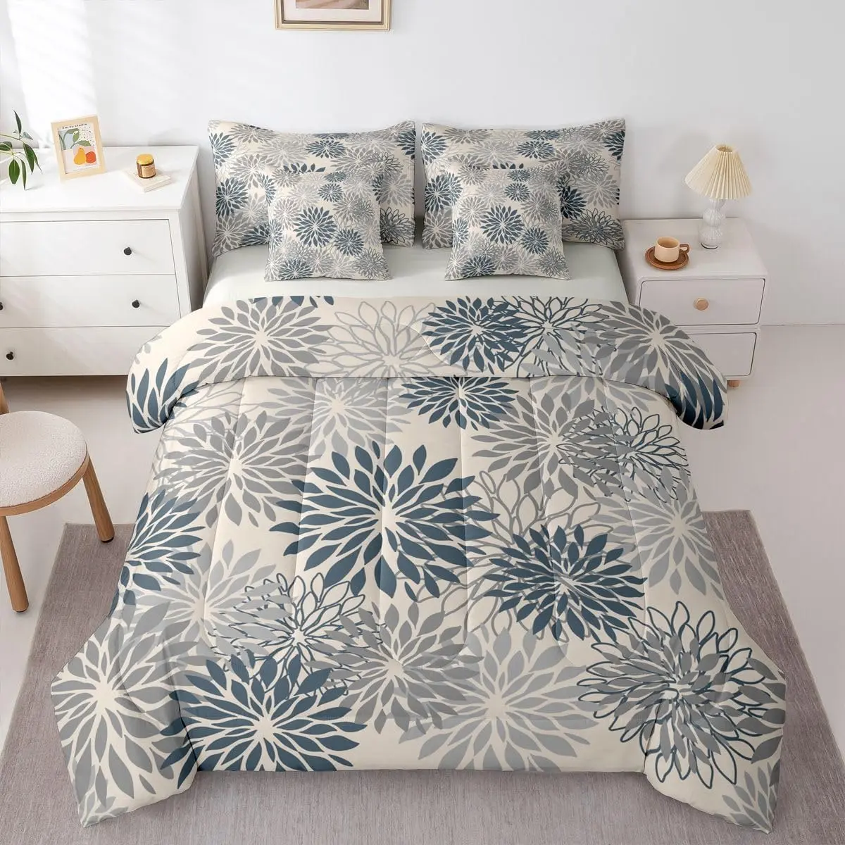 Boho Floral Comforter Set 7 Pieces Dahlia Floral Bedding Set Farmhouse Bed in a Bag Grey Blue Bedroom Decor All Season Quilted Breathable Soft Lightweight