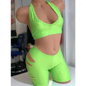 LIMERINA Neon Green Sliced Biker Shorts & Large Busty Bra Set - 2 Piece Summer Workout Ensemble for Fitness Enthusiasts
