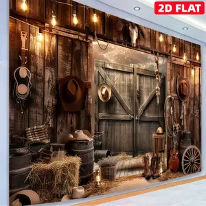 Western cowboy themed party background fabric, made of polyester material, including barn, stable, hat, and guitar decorations, suitable for living rooms, bedrooms, offices, birthdays, anniversaries, and home decor, outdoor and indoor parties