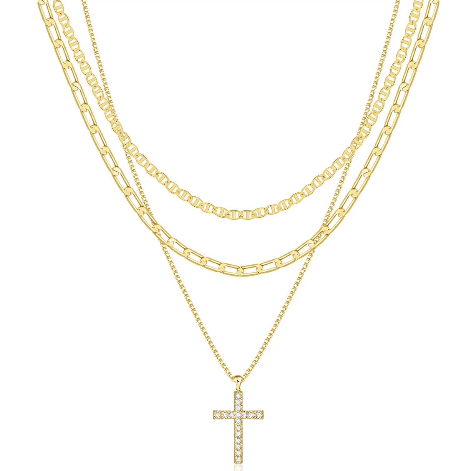 3pcs Cross Necklace for Women, Layered Chain Necklace with CZ Cross Pendant, Adjustable Gold/Silver Faith Jewelry Gift