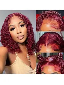 99J# Burgundy 13x4  Lace Front Deep Wave Wig, 100% Human Hair, Pre-Plucked Wig, Perfect for Daily Wear, Parties, Cosplay