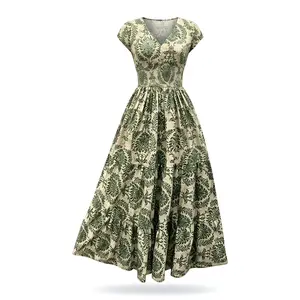 Women's All Over Print Shirred Dress, Boho Fashion Short Sleeve V Neck Dress for Daily Holiday Vacation Wear, Women Dress for Summer Bohemian, Bohemian Casual Dress