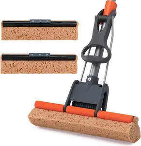 Heavy Duty Self-Squeeze Sponge Mop with 55” Long Handle, 2 Cellulose Mop Head Refills, for Hard Wood, Tile, Concrete Floors (Bathroom, Kitchen Use)