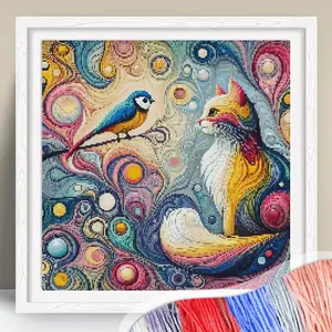 Cat & Bird Pattern Cross Stitch Kit, 1 Set DIY Cross Stitch Printed Canvas, DIY Needlework Kit for Beginners, Wall Art Decor for Home