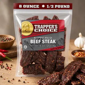 Old Trapper, Trapper's Choice Hot & Spicy Kippered Beef Steak, Eight-Ounce Individual Package, 10 Grams of Protein and 70 Calories Per Serving (Pack of One)