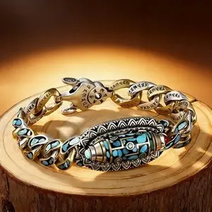 Tibetan Style Nine Eyed Dzi Bead Bracelet With Six Syllable Mantra and Turquoise, Good Luck Meditation Amulet Jewelry, Versatile Anklet for Daily Wear and Spiritual Styling