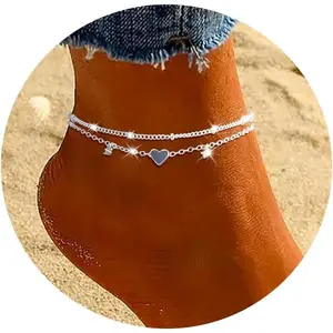 Dainty Layer Waterproof Silver Anklet Bracelets Set for Women Trendy Simple Chain Anklets with Heart Charm Perfect Gifts for Mom Wife Girlfriend Her