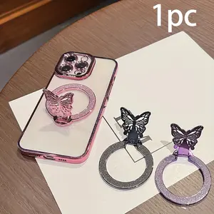 1pc Ultra-Thin Magnetic Wireless Charging Glitter Butterfly Stand Foldable Back Adhesive Phone Case Universal Cellphone Ring Holder